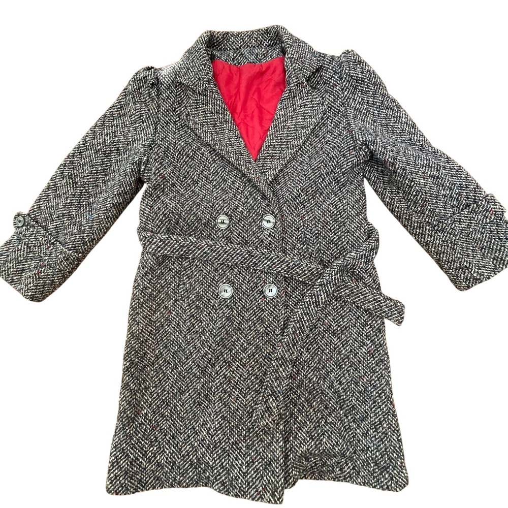 Doren Girl Herringbone Tweed Pea Coat 8 Vintage Double Breasted Lined Belted